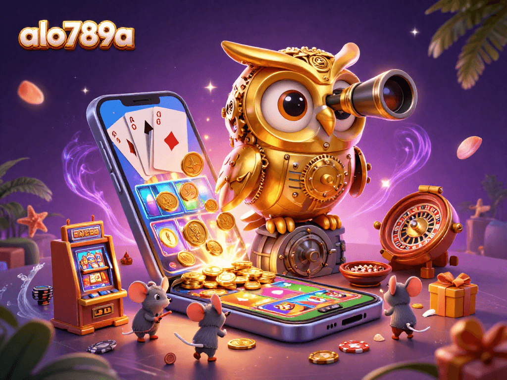 Engage in thrilling gaming action at alo789a with golden owl overseeing slot machines and vibrant gameplay.