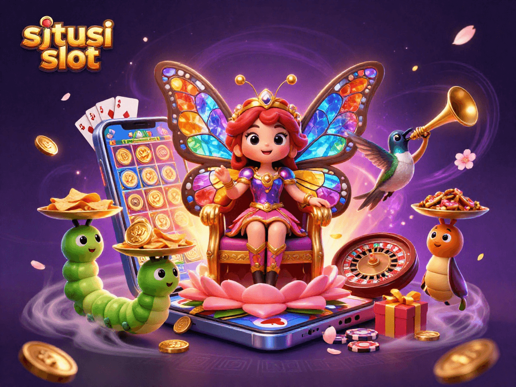 Menggali pengalaman bermain di situs judi slot dengan ilustrasi karakter menarik dan elemen kasino yang menonjol.